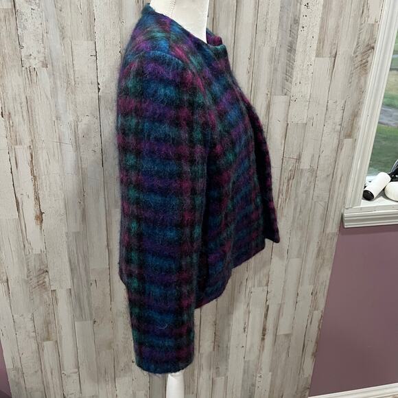 Vintage Lombardi Open Front Colorful Fuzzy Plaid Blazer Jacket Womens Medium 80s - Picture 3 of 10